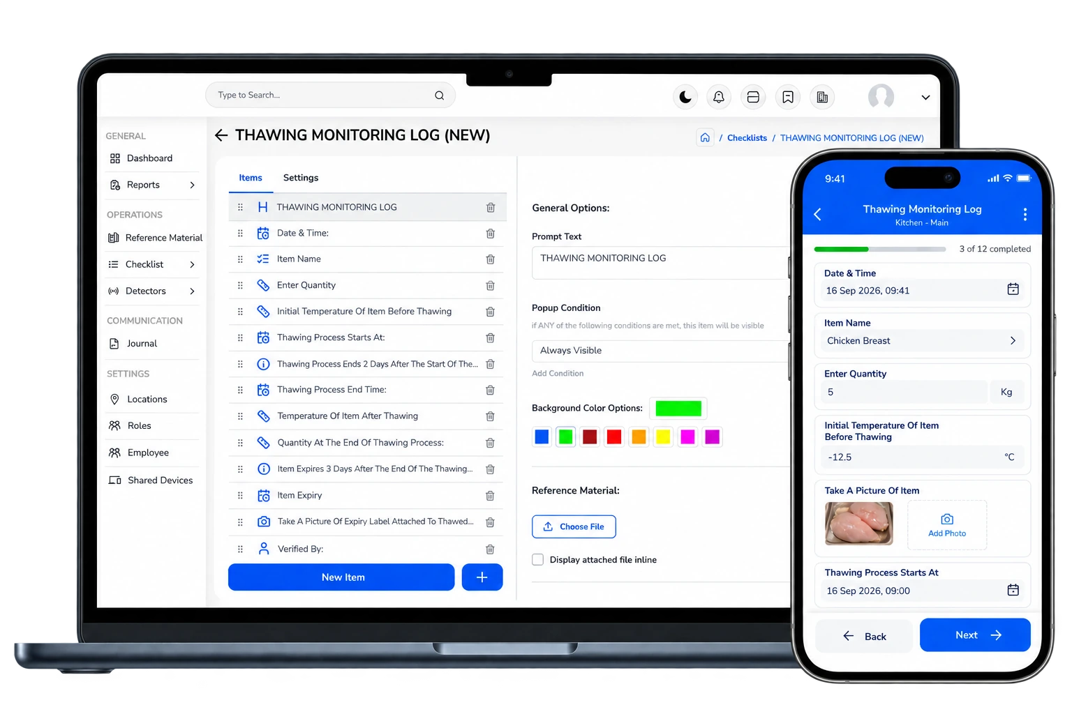 Checklist builder and mobile checklist execution shown together.