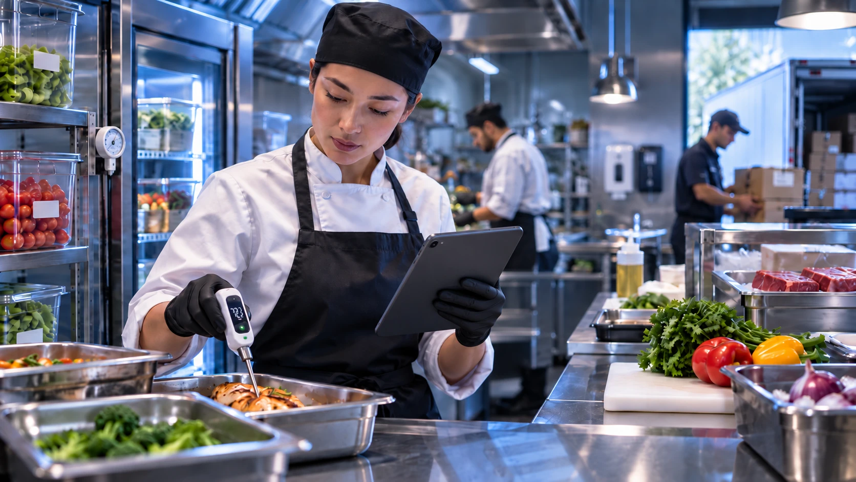 Kitchen team completing digital food-safety checks and temperature verification during daily operations.