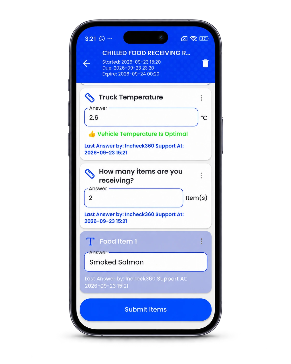 InCheck 360 mobile checklist showing structured receiving temperature and food item fields.